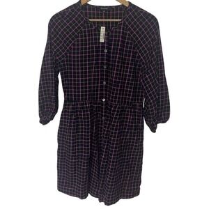 New Madewell Women's‎ Flannel Raglan Shirt Dress 3/4 Sleeve Plaid Pockets Size 4